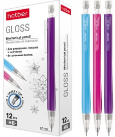 Карандаш мех. Хатбер Gloss 0,5мм ассорти с ластиком, 2 запасных грифеля