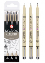 Набор ручек капиллярных Sakura Pigma Micron 3шт (0,3мм, 0,4мм, 0,5мм) черные, упаковка ПВХ