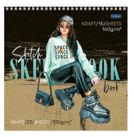 Скетчбук Fashion Girl 240*240 40л 15л крафт 160г/м2, 25л белая 100г/м2 спираль Хатбер