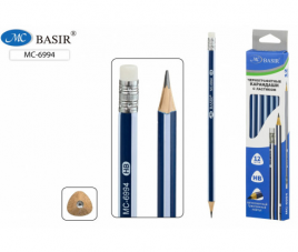 Карандаш ч/гр Basir OFFICE НВ деревянный, заточенный с ластиком, трёхгранный корпус /сине-б