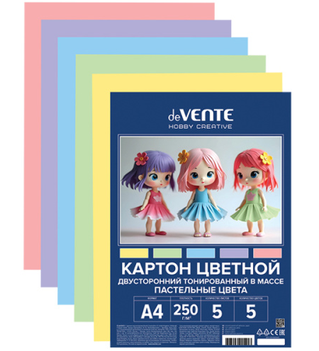 Картон цветной deVente 5л 5цв А4 Пастельные цвета двухсторонний 250г/м2 фото 1