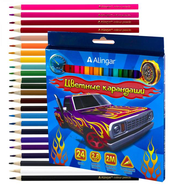 Карандаши Alingar 24цв Машины деревянные трехгранные фото 1
