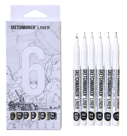 Набор ручек капиллярных Sketchmarker 6шт (0,05мм, 0,1мм, 0,2мм, 0,3мм, 0,5мм, 0,7мм) ч фото 1
