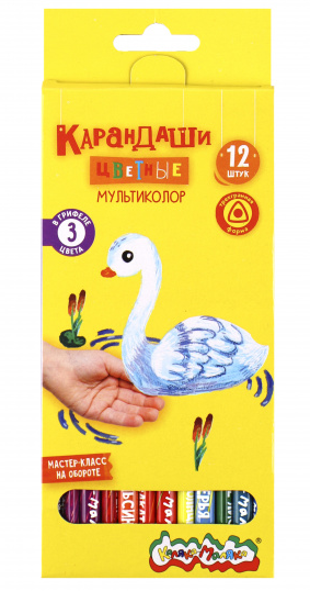 Карандаши Каляка-Маляка 12цв трехгранные деревянные, с 3х-цветным грифелем, картонная упаковка, фото 1