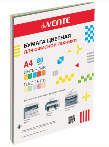 Бумага офисная 20л deVente А4 итенсив/пастель 80г/м ассорти 5цв интенсив и 5 цв пастель фото 1