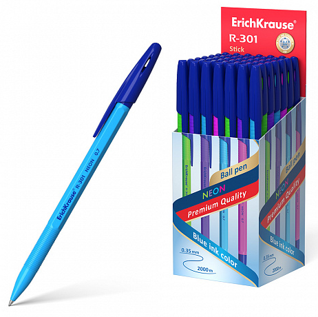 Ручка шар ЕК53342 R-301 Neon Stick синяя 0,7мм, толщина письма 0,35мм, шестигранная, фото 1