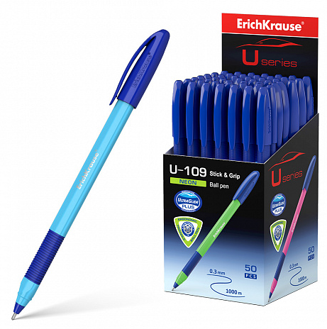 Ручка шар ЕК47612 U-109 Ultra Glide Technology Neon Stick&Grip 1,0мм синяя тругольная фото 1