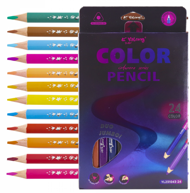 Карандаши Yalong 12/24цв Aurora Jumbo двусторонние утолщенные  деревянные, трехгранные, фото 1
