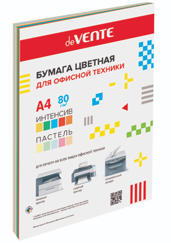 Бумага офисная deVente А4 интенсив/пастель 80г/м 20л ассорти 5цв фото 1