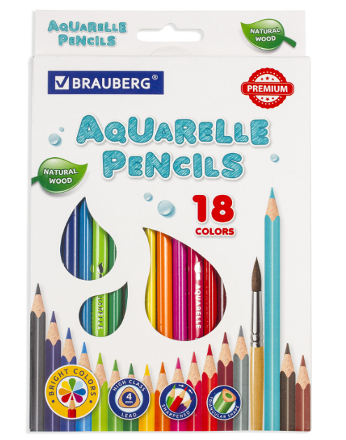 Карандаши BRAUBERG 18цв PREMIUM AQUARELLE трехгранные акварельные утолщенные 181672 фото 1