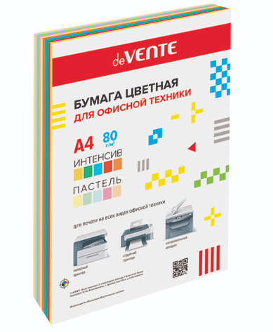 Бумага офисная deVente А4 итенсив/пастель 100л 80г/м ассорти 5цв интенсив и 5 цв пастель фото 1