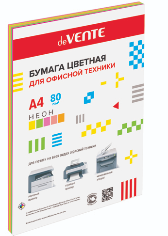 Бумага офисная deVente А4 неон 75г/м 20л ассорти 5цв фото 1