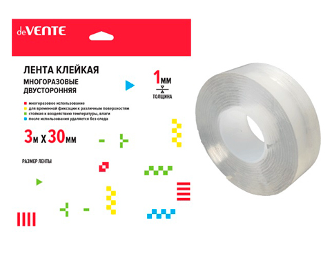 Двусторонняя лента 30мм*3м deVente Nano Tape 1мм многоразовый прозрачный фото 1