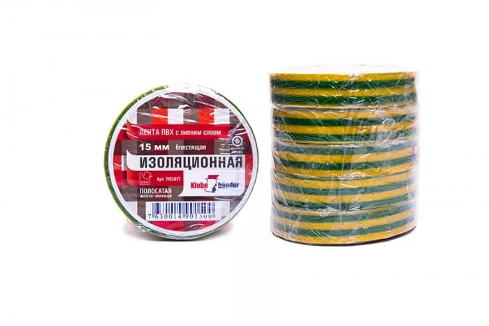 Изолента 15мм*20м Klebebander ПВХ полосатая желто-зеленая TIK507T фото 1