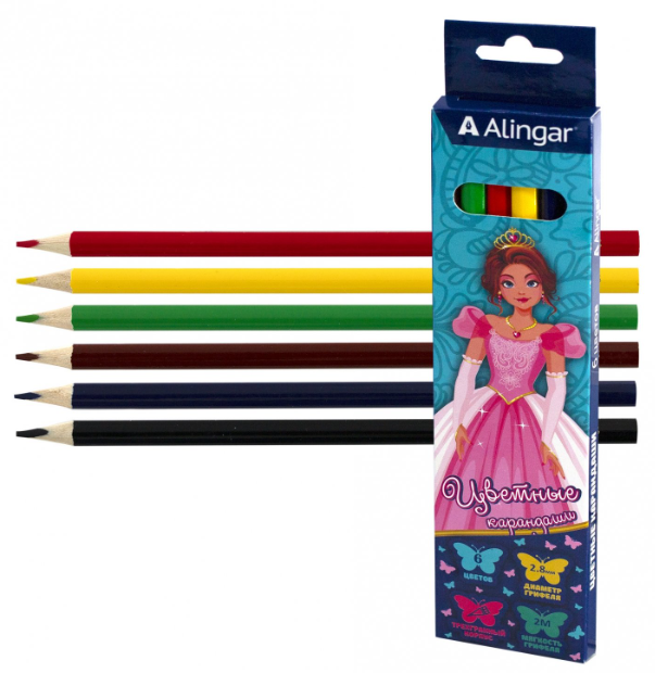 Карандаши Alingar 6цв Принцессы деревянные, трехгранные, заточенные, грифель 2.8 мм, кар фото 1