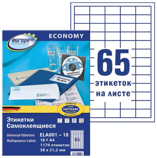 Бумага самокл.Европа-100 18л 70г/м2 65этик. 38*21,2мм белая ELA001-18 фото 1